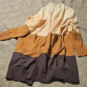 Colorblock Open-Front Long Cardigan Sweater - Cream, Tan & Brown